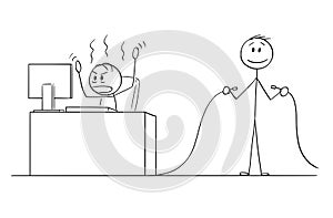 Cartoon of Angry Man or Businessman Working on Office Computer, Another Man Is Holding Unplugged Cable