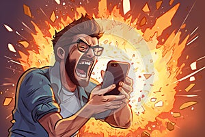 Cartoon angry man shouting at the phone. Negative emotions concept