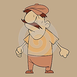 Cartoon angry mustachioed man in a cap clenched his fists