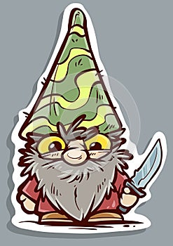 Cartoon angry old gnome in cap holding knife