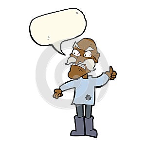 cartoon angry old man in patched clothing with speech bubble