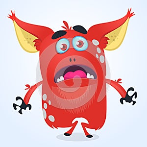 Cartoon angry red gremlin or troll monster with big ears. Vector illustration of scream monster for Halloween