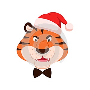Cartoon angry roaring tiger muzzle in Santa hat