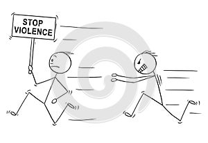 Cartoon of Angry Violent Man Chasing Another Man Holding Stop Violence Sign