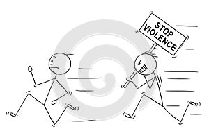 Cartoon of Angry Violent Man Holding Stop Violence Sign Chasing Another Man