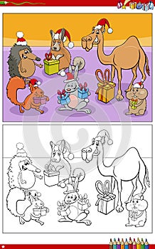 Cartoon animal characters with Christmas prezents coloring page