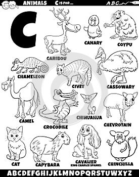 cartoon animal characters for letter C set coloring page