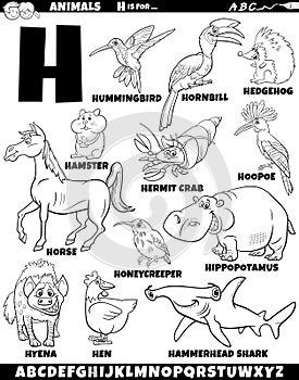 cartoon animal characters for letter H set coloring page