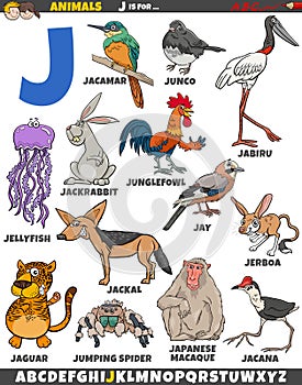 cartoon animal characters for letter J educational set