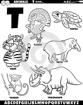 cartoon animal characters for letter T set coloring page