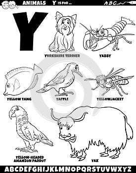cartoon animal characters for letter Y set coloring page