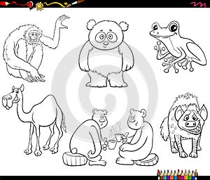 Cartoon animal characters set coloring book page