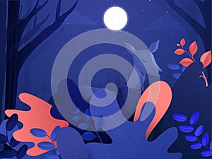 Cartoon Animal Deer Standing on Beautiful Forest with Full Moon purple background