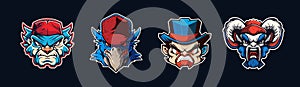 Cartoon animal head, red and blue sport logo collection with white outlined. Angry face of blazer, cougar, raptor and