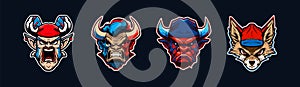 Cartoon animal head, red and blue sport logo collection with white outlined. Angry face of buffalo, bull, deer and