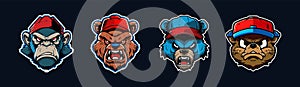 Cartoon animal head, red and blue sport logo collection with white outlined. Angry face of gorilla, grizzly, bear and