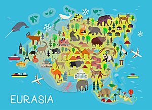 Cartoon animal map. Eurasia for Children and Kids. Vector Illustration. photo