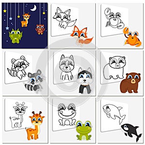 Cartoon animal set. Childish collection cute animals that need to be painted. Coloring book pages for kids.