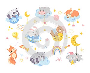 Cartoon animal sleep. Baby cute animals sleeping and hugging cloud moon planet. Wizard forest characters, child room