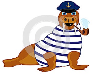 Cartoon animal walrus in service cap of the captain with tube