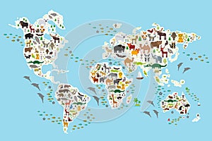 Cartoon animal world map for children and kids