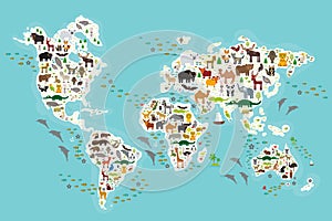 Cartoon animal world map for children and kids, Animals from all over the world, white continents and islands on blue