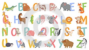 Cartoon animals alphabet for kids. Learn letters with funny animal, zoo ABC and english alphabet for kids vector photo
