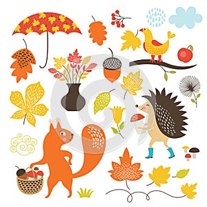 Cartoon animals and autumnal elements, vector set photo