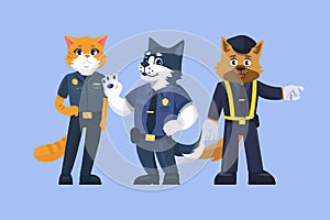 Cartoon animals cat and dog policeman in uniform. Flat vector illustration