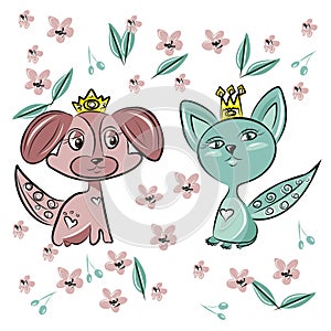 Cartoon animals in crowns, princes and princesses. Pig, kitty, hippo, turtle, dog, bear. Children`s style. Wallpaper, decoration o
