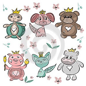 Cartoon animals in crowns, princes and princesses. Pig, kitty, hippo, turtle, dog, bear. Children`s style. Wallpaper, decoration o