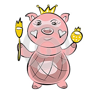 Cartoon animals in crowns, princes and princesses. Pig, kitty, hippo, turtle, dog, bear. Children`s style. Wallpaper, decoration o