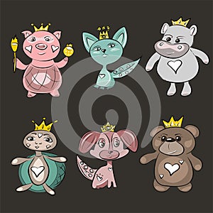 Cartoon animals in crowns, princes and princesses. Pig, kitty, hippo, turtle, dog, bear. Children`s style. Wallpaper, decoration o