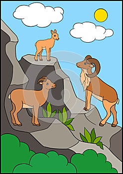 Cartoon animals. Cute beautiful urial with great horns