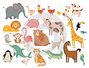 Cartoon animals. Cute elephant and lion, giraffe and crocodile, cow and chicken, dog and cat. Farm and savanna animals