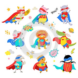Cartoon animals cute superhero set. Child hero in cape and mask, comic animal childish characters. Isolated funny