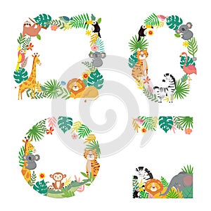 Cartoon animals frame. Green tropical palm tree leaves with tiger, lion, giraffe, koala and elephant borders