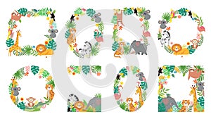 Cartoon animals frame. Jungle animal in tropical leaves, cute frames with tiger, lion, giraffe and elephant vector