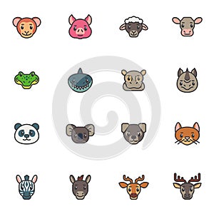 Cartoon animals head filled outline icons set
