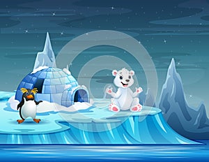 Cartoon animals with igloo ice house