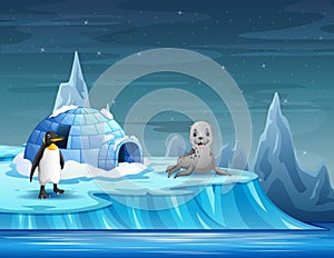 Cartoon animals with igloo ice house