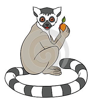 Cartoon animals for kids. Little cute lemur with fruit.