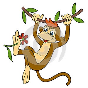 Cartoon animals for kids. Little cute monkey hangs.