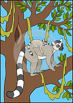 Cartoon animals for kids. Mother lemur stands on the tree branch with her little cute baby.