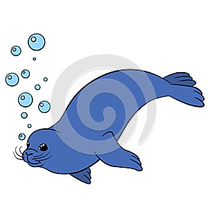 Cartoon animals. Little cute baby seal swims.