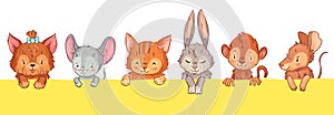 Cartoon animals looking out. Cute dog with bow, mouse, cat and rabbit, monkey and rat. Adorable pet heads