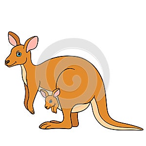 Cartoon animals. Mother kangaroo with her little cute baby.