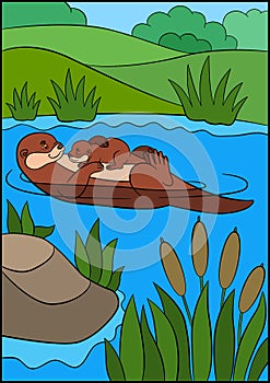 Cartoon animals. Mother otter swims with her sleeping cute baby in the river