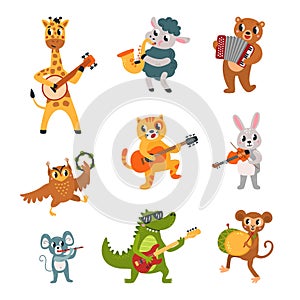 Cartoon animals musicians, performing animal with musical instruments. Isolated giraffe, crocodile and bear play music