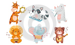 Cartoon Animals Playing Musical Instruments with Hippo Fluting Vector Set